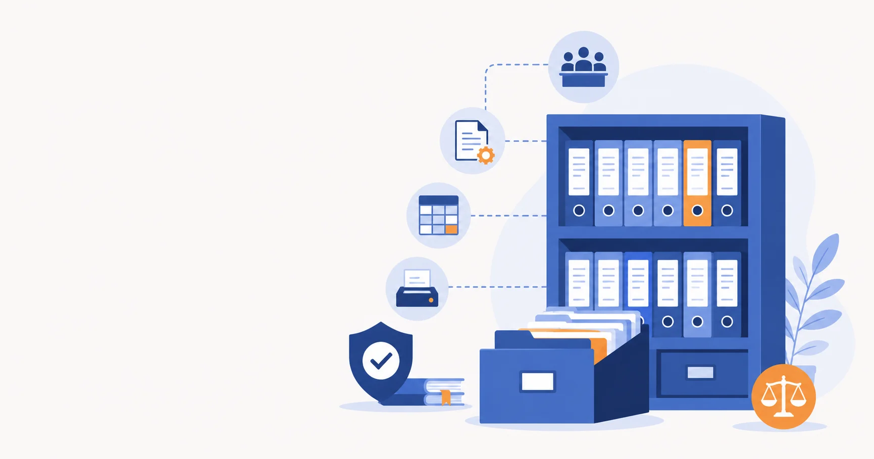 Editorial illustration of an organized filing cabinet with folders labeled by category