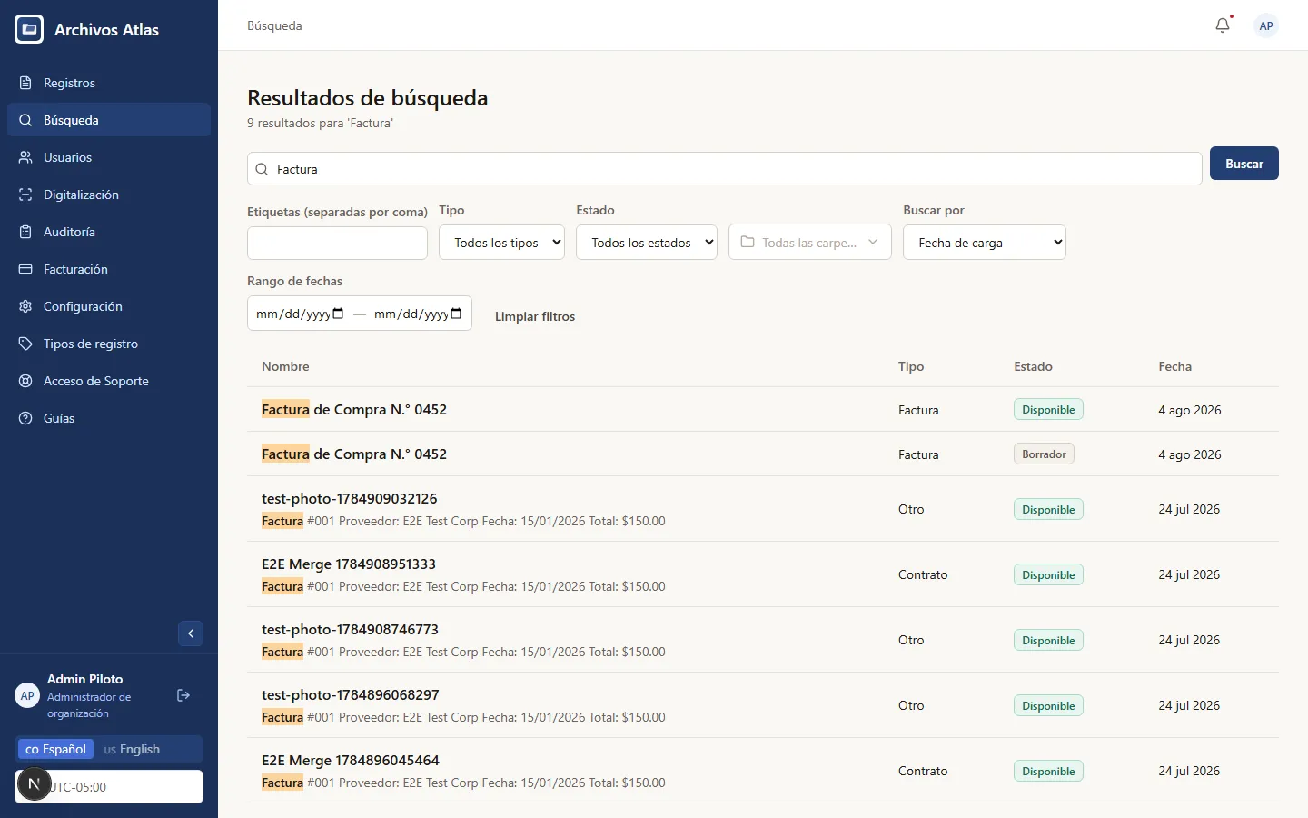 Resultados de búsqueda en Archivos Atlas, mostrando coincidencias por nombre y texto OCR con filtros de tipo y estado